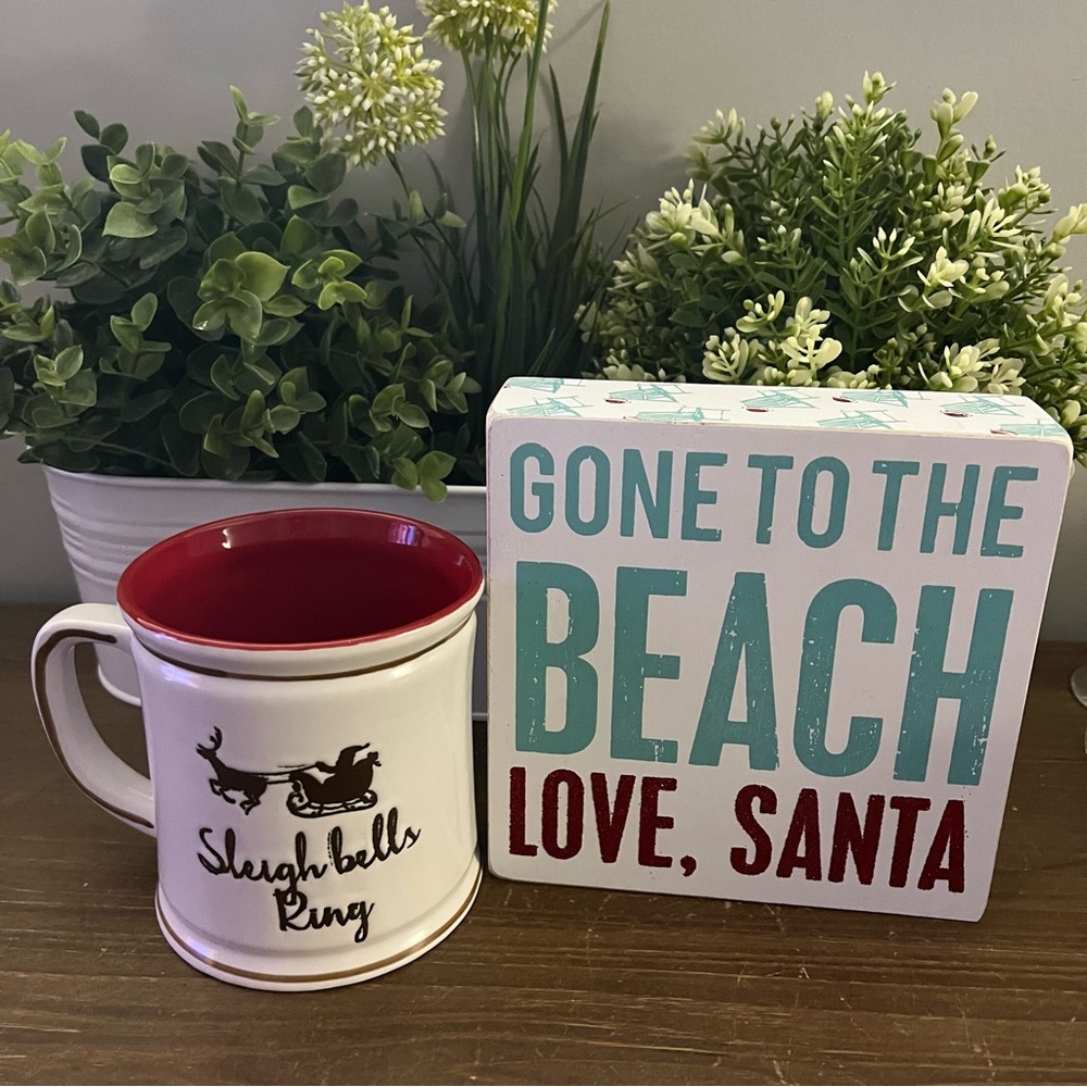 Christmas Mug and Sign, Sleigh Bellls Ring And Gone To The Beach, Love Santa
